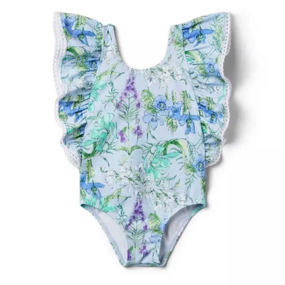 Janie and Jack Recycled Floral Ruffle Swimsuit in Lavender Floral Size 3T